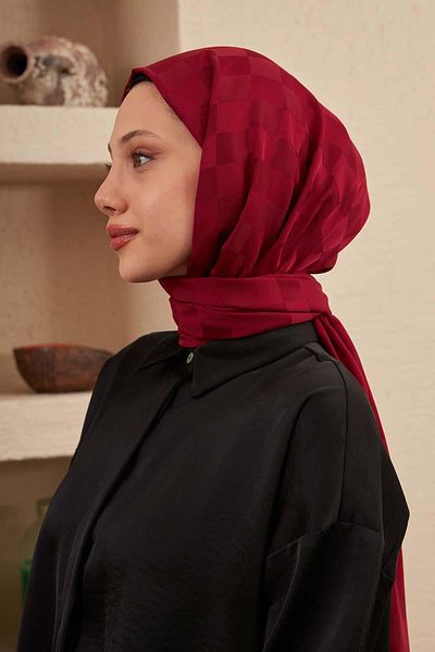 İpekhan Silk Jacquard Series Checkerboard Pattern Claret Red Jacquard Shawl 9002-20