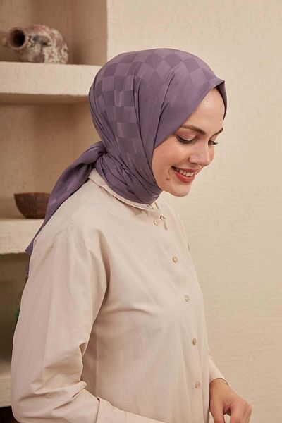 İpekhan Silk Jacquard Series Checkerboard Patterned Purple Necklace Jacquard Shawl 9002-27