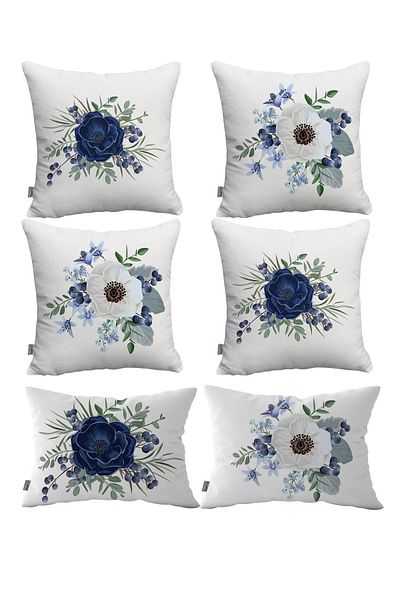 Hayal Dekoratif Pernă cu model floral alb albastru, 6 piese, imprimată digitală - set de huse de pernă