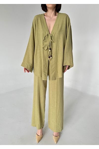 Laluvia Khakifarbenes, mit Perlen besetztes Kimono-Set aus Leinen