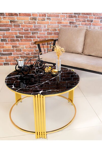 Lion Lioon Art Piano Siyah Mermer Cam Gold Orta Sehpa Zigon