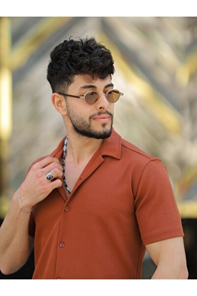 mavisima erkek giyimi Ανδρικό πουκάμισο με ανοιχτό γιακά, καφέ βαμβακερό, καλοκαιρινό κοντομάνικο