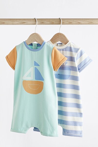 Next Baby Cotton Blue Ship Patterned Set of 2 Romper