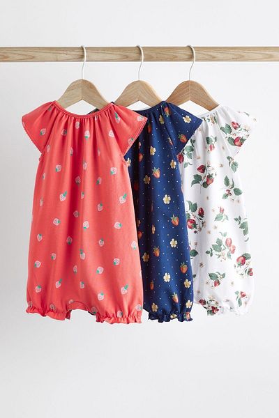 Next Baby 100% Cotton Red Strawberry Patterned 3 Piece Romper Set