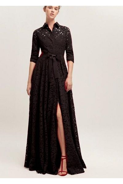 ONURBYGUSTO Belted Black Lace Maxi Shirt Dress