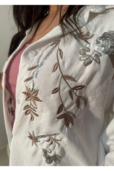 Butik Linen Casual Suit White - Sequin and Embroidery Embroidered Triple Set