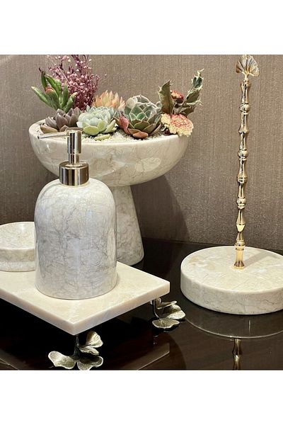 ege gross DECORATIVE BEIGE MARBLE GINKO ACCESSORY DETAILED 4-PIECE BATHROOM SET SET
