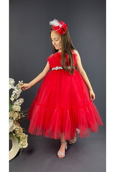 MARMARA FIRSAT Girl's Red Color Full Length Layered Tulle with Belt and Buckle Evening Dress Special Occasion Dress