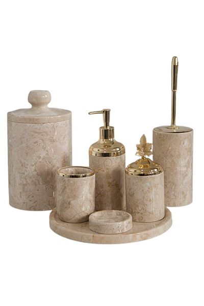 ege gross Decorative Beige Marble Gold Leaf Detailed 7-Piece Bathroom Set Set