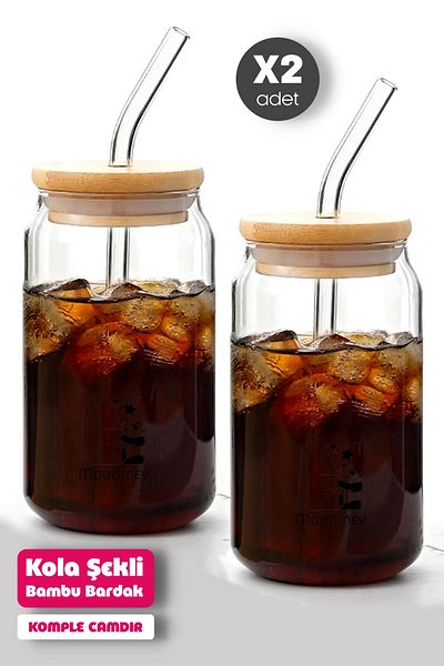 Madamev 2-Piece Bamboo Lid with Straw Heat Resistant Glass Cup 550 ml Coke Box Shaped Coffee Presentation Cup