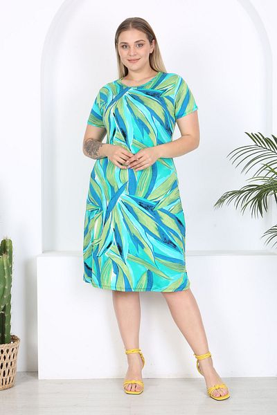 Madwilo Rochie de damă din viscoză flexibilă cu model de frunze albastre verzi
