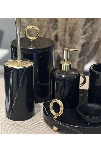 ege gross Decorative Black Marble Gold Ring Detailed 7 Piece Bathroom Set Set