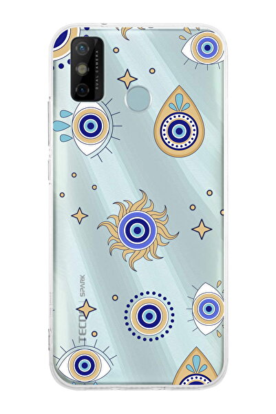 PrintiFy Tecno Spark 6 GO ile Uyumlu 1mm Slim Fit Nazar Boncuğu 5 Baskılı Şeffaf  Kılıf