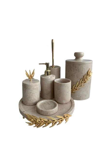 ege gross Decorative Beige Marble Gold Olive Branch Detailed 7-Piece Bathroom Set Set