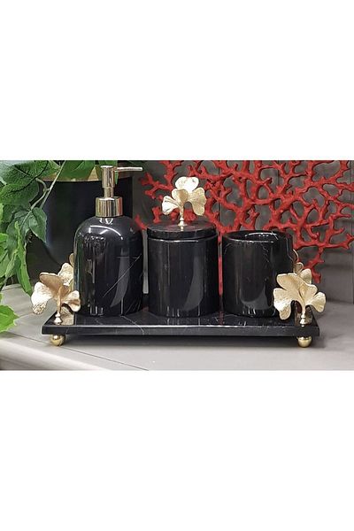ege gross Decorative Black Color Marble Bathroom Set Set of 4 Gynco Accessory Detailed Design Set