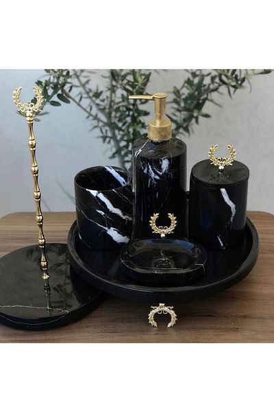 ege gross Decorative Black Marble Gold Gold Garland Detailed 5-Piece Bathroom Set Set