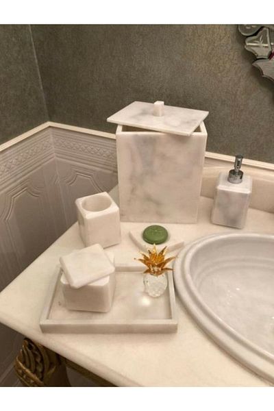 ege gross Decorative White Marble Plain Square Silver Detailed 7-Piece Bathroom Set Set