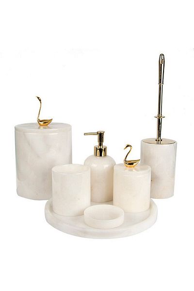 ege gross Decorative White Marble Gold Bird Swan Detailed 7-Piece Bathroom Set Set