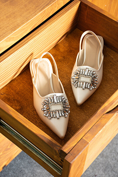 Volare Shoes Sivri Burun Sedef Beyaz Parlak Taşlı Arkası Açık Babet Gelinlik ...