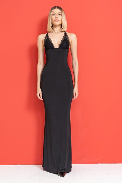 Kikiriki Siyah Göğüs Roba Dantelli Sırt Dekolteli Elbise
