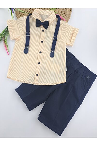 Çelix Kids Boy's Shirt and Capri Pants Double Set - Bow Tie, Suspender Belt and Turnstile Stripes