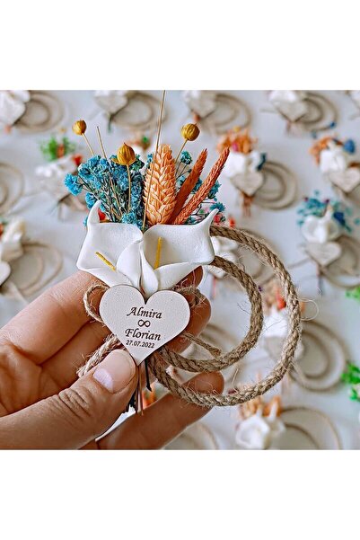 Mekece Nikah Şekeri Söz Nişan Düğün Hediyeliği Ahşap Etiketli Hasır Halkalı Ç...