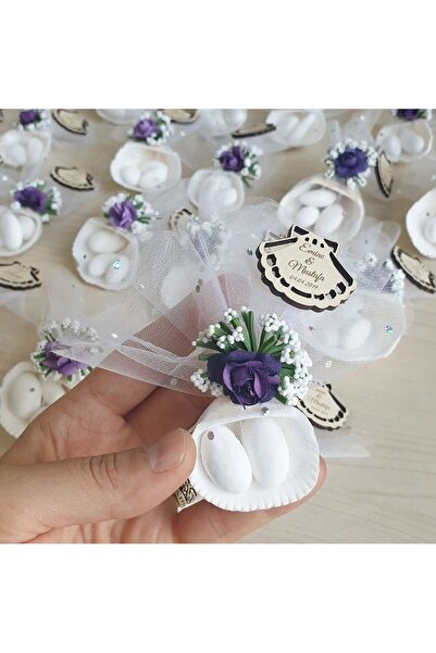 Mekece Nikah Şekeri Söz Nişan Düğün Hediyelikleri Ahşap Etiketli Deniz Kabuğu...