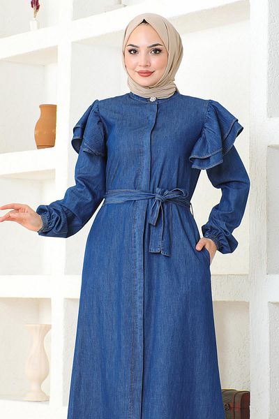Modamihram Dark Blue Frilly Shoulder Ferace - Buttoned 19204