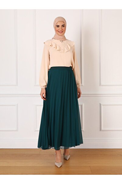 Refka Emerald Green Pleated Chiffon Skirt - Elastic Waist - Refka