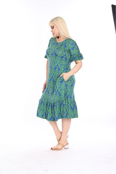 mami butik Plus Size Stylish Combed Cotton Dress - Knee-Length Sleeve, Ruffle Detail and Pocket
