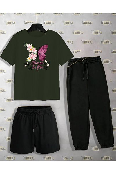 aynewmoda Комплект от тениска и шорти с шарка на пеперуда и спортни панталони