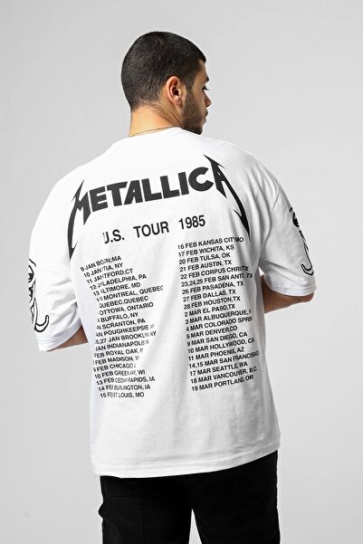 Sekizbiraltı Metallica Tour 1985 Printed Unisex Oversize Λευκό Tshirt