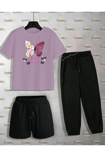 aynewmoda Butterfly Patterned T-Shirt and Shorts - Sweatpants Set