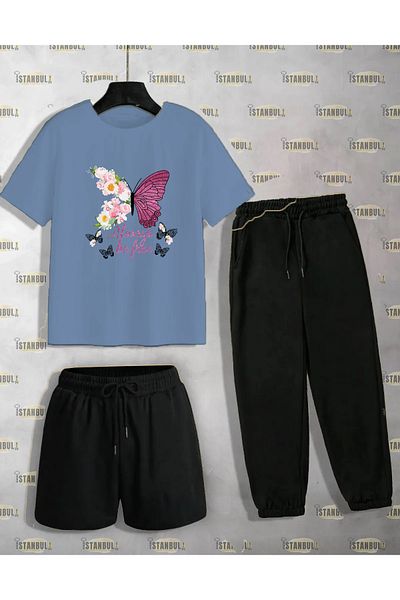 aynewmoda Комплект от тениска и шорти с шарка на пеперуда и спортни панталони