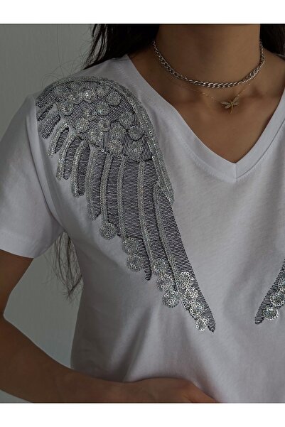 Esra Butik Hane Γυναικείο μπλουζάκι με διπλό φύλλο με λαιμόκοψη V με πούλιες με κέντημα από βαμβακερό φύλλο