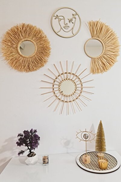 Bubihome Krem Rafya & Bambu Ayna & Bohem Pano 4'lü Set