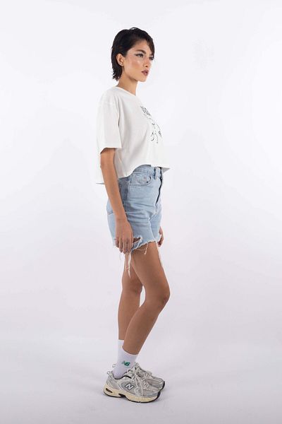 Coredra Culoare Ecru - Tricou Crop pentru damă oversize cu modele More Veggies