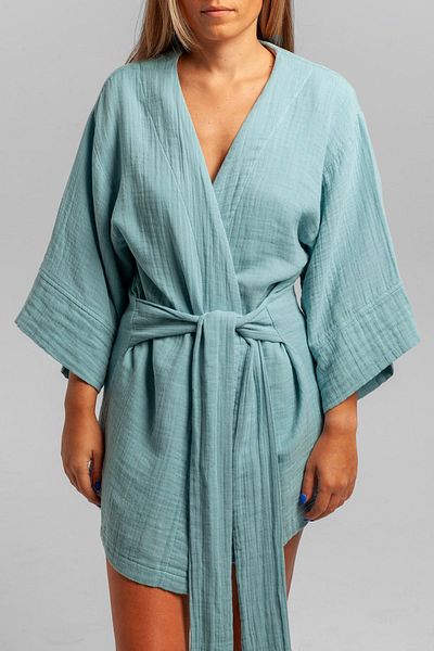 summer people Kimono de muselină albastră unisex - răcoros și confortabil, 100% bumbac, îmbrăcăminte pentru casă/plajă