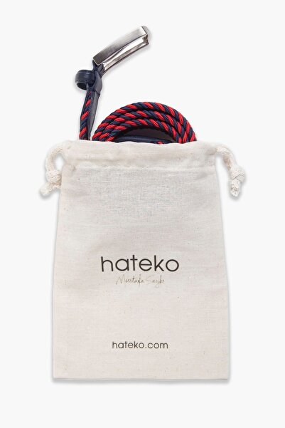 hateko Men's Navy Blue Red Genuine Leather Detailed Elastic Knitted Belt