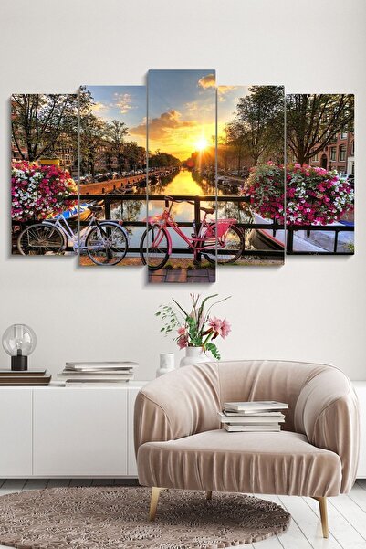 Evinemoda Bisiklet Doğa Manzarası Çiçekler 5 Parçalı Mdf Tablo