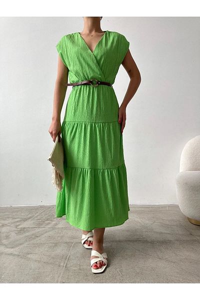 Lusin Rochie de damă lungă cu mânecă scurtă, guler dublu, cu centură