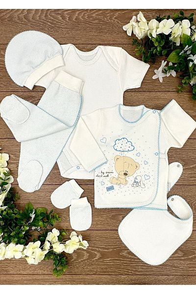 Renkli Puset 6-Piece Organic Cotton Baby Hospital Discharge Set - Bear, Rabbit and Speckle Detailed