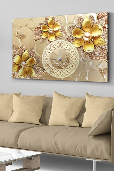 Evinemoda Gold Çiçekler Saatli Kanvas - Canvas Tablo