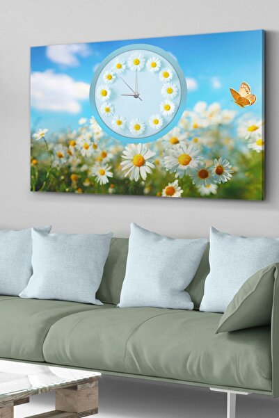 Evinemoda Papatyalar Saatli Kanvas - Canvas Tablo