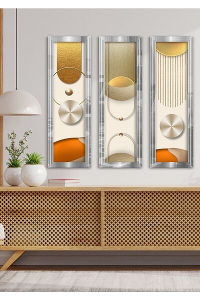 Evinemoda Soyut Gold Desen Gümüş Pleksi Aynalı 3 Parça Tablo