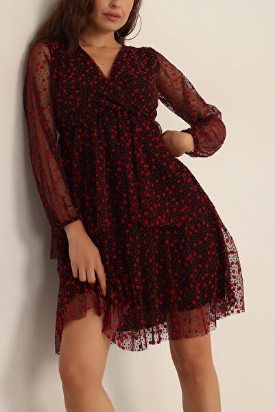 NY MODA Kadın Kırmızı Flok Baskı Kat Kat Tül Detay Abiye Elbise