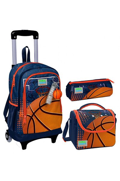 Coral High Boy's Basketball Squeegee Lighted Wheeled Bag Set - Orange Navy Blue