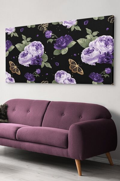 Evinemoda Mor Çiçekler Kelebek Tek Parça Kanvas - Canvas Tablo