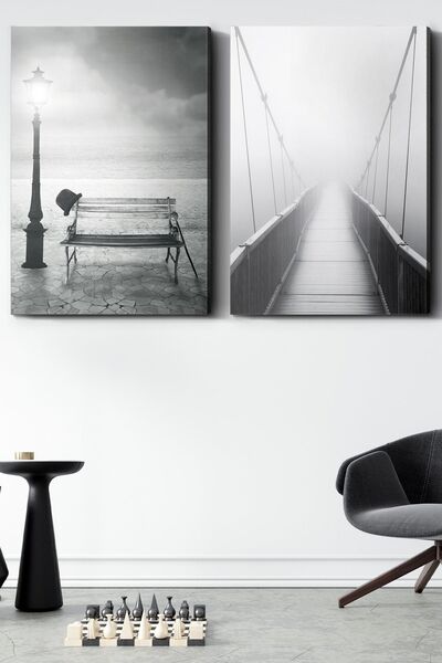 Evinemoda 45x65 Cm Siyah Beyaz Bank Köprü 2 Parça Kanvas - Canvas Tablo