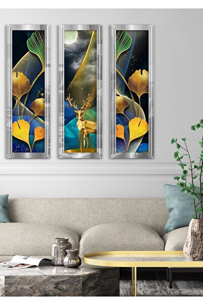 Evinemoda Gold Geyik Yaprak Gümüş Pleksi Aynalı 3 Parça Tablo